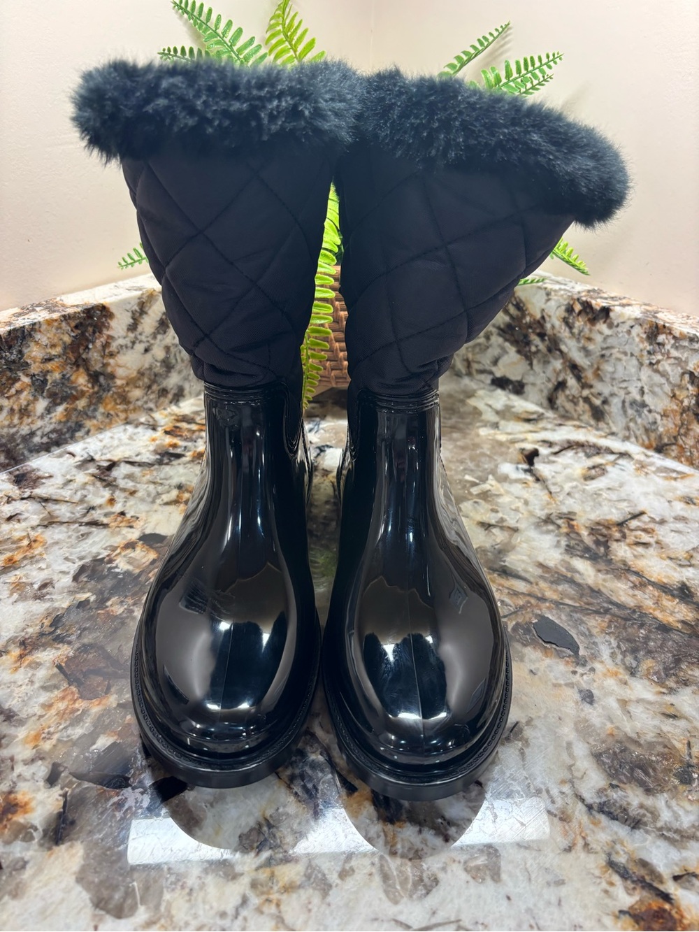 kate spade quilted Reid Black Quilted Faux-Fur Trim Boots
